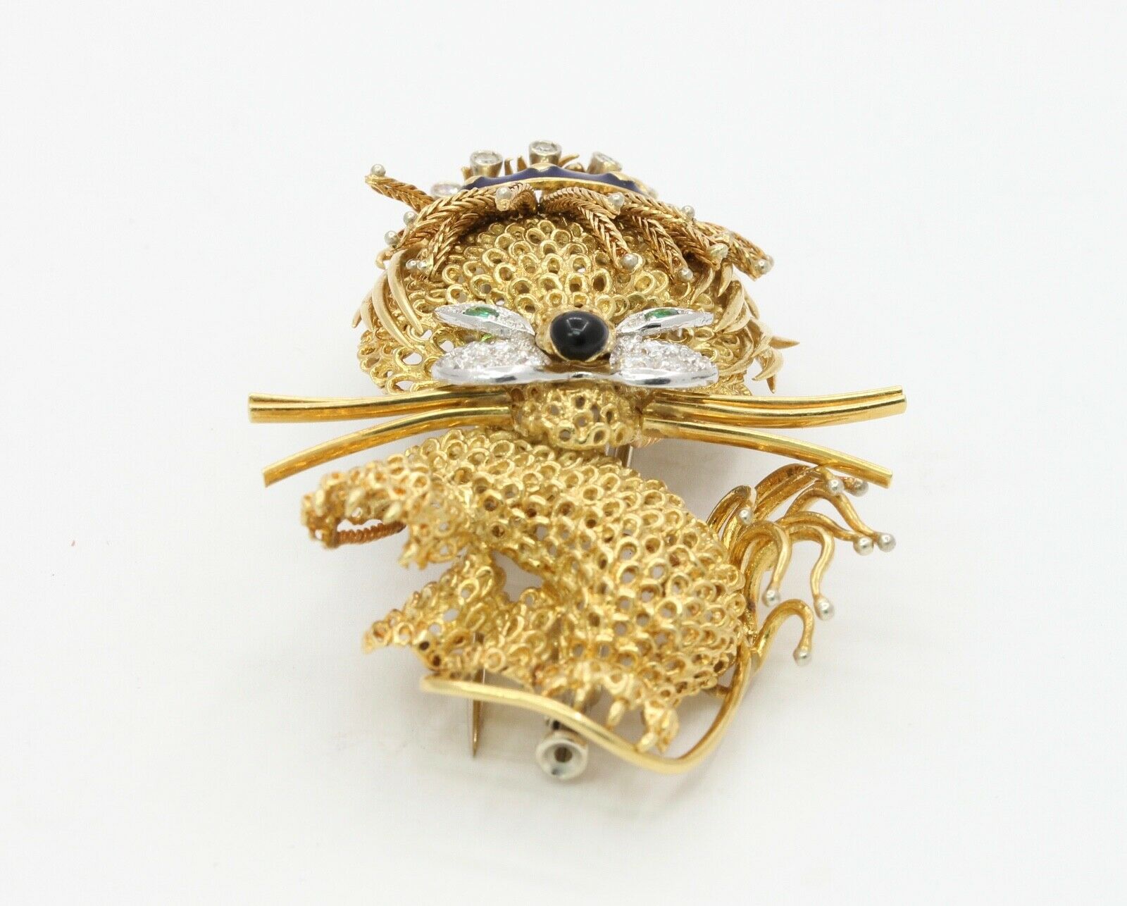 Elegant and Fun Vintage Lion Brooch 18K Diamonds Emeralds Enamel Onyx