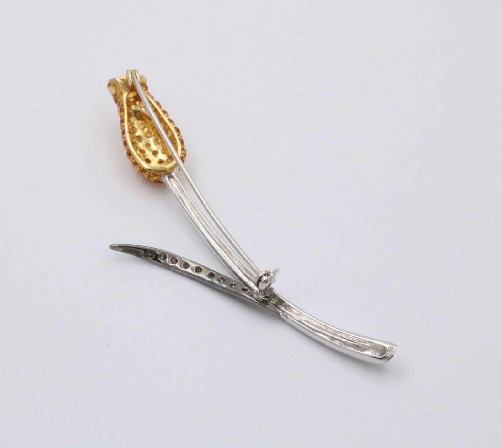 Vintage Elegant Tulip Yellow Sapphire & Champagne Diamond 18K White Gold Brooch