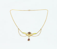 Load image into Gallery viewer, Art Nouveau Pendant Chain Garnet Natural Pearls Diamonds 14K Yellow Gold
