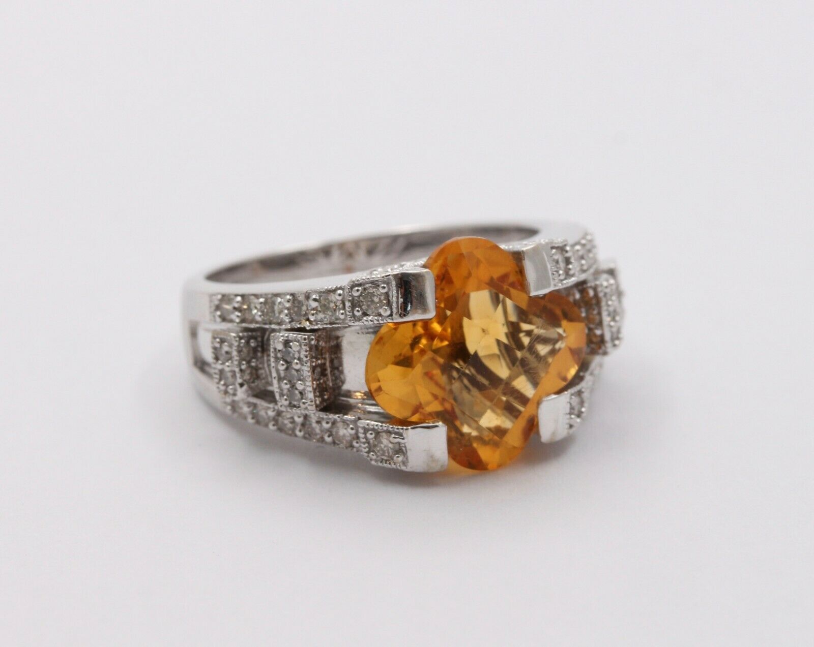 Unique Clover Shape Checkerboard Cut Citrine 14K White Gold Diamond Ring , Engag