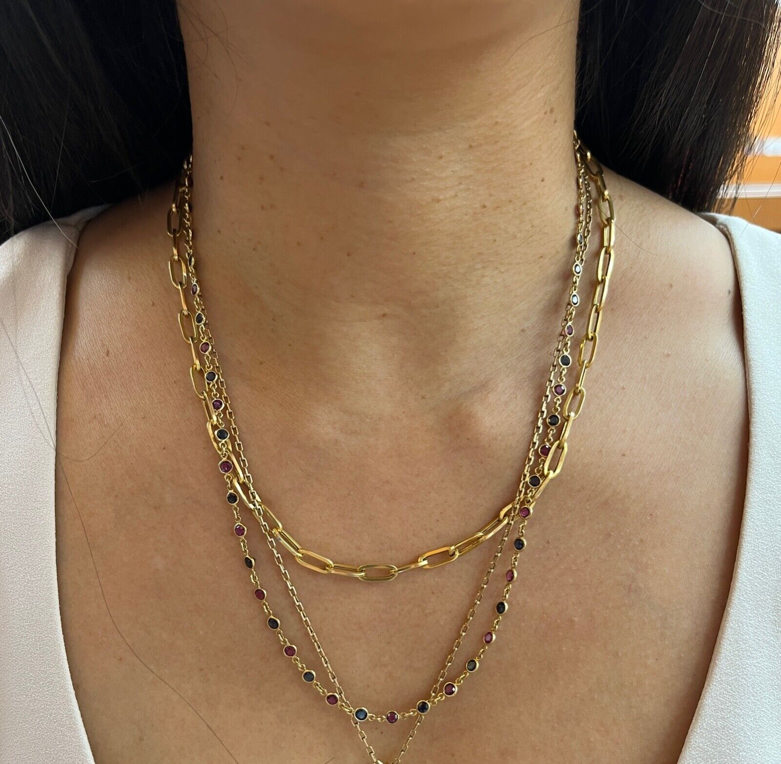 Vintage 14K Yellow Gold Ruby And Sapphire By The Yard Necklace. Station Necklace