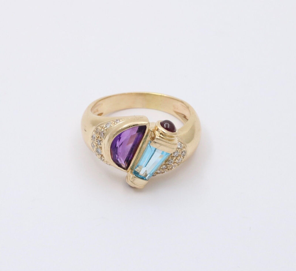 Vintage Geometric Amethyst Blue Topaz Tourmalines Diamonds 14K Yellow Gold Ring