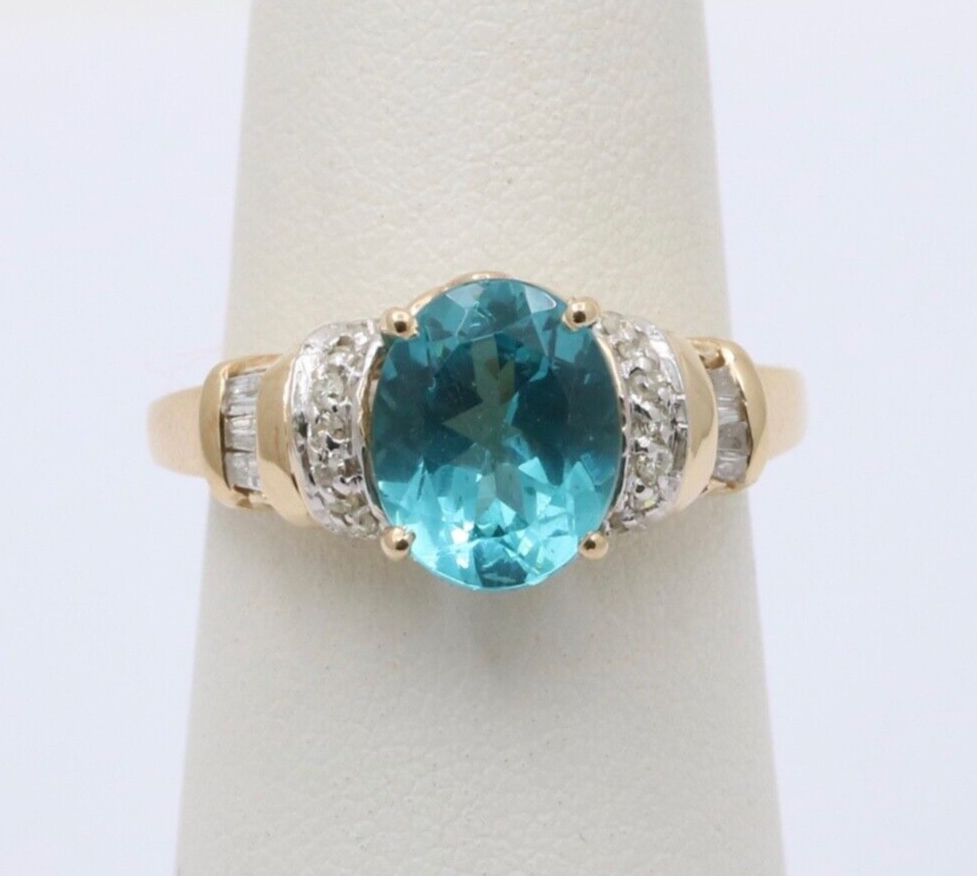 Vintage Blue Zircon And Diamond 14K Yellow Gold Ring Band, Engagement Ring