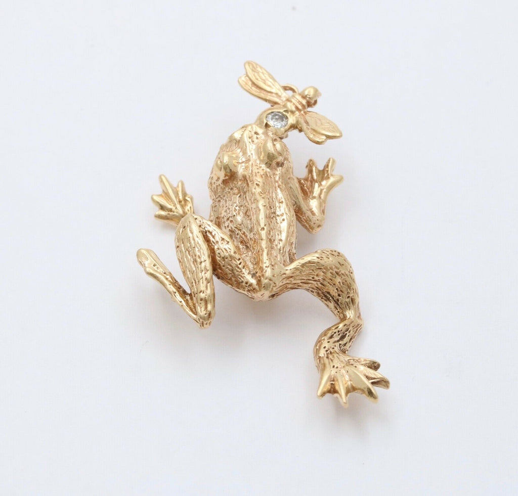 Vintage Frog Eating a Bee Diamond 14K Yellow Gold Pendant