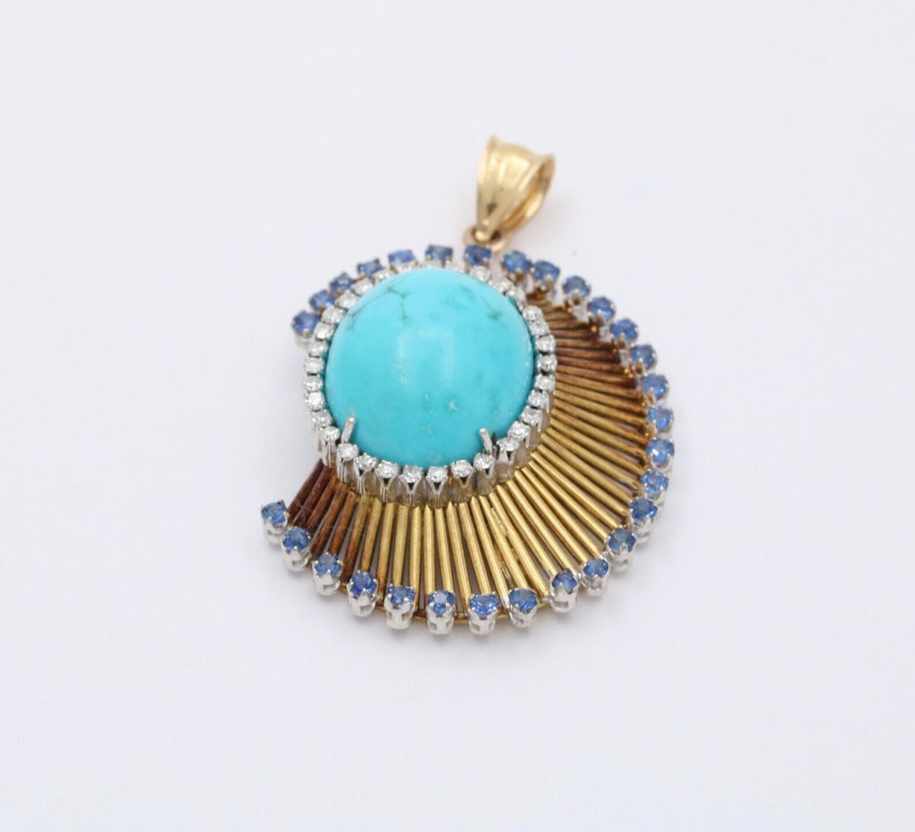 Funky Vintage 18K Yellow Gold Large Turquoise, Sapphire and Diamond Pendant