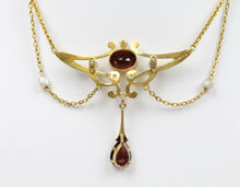 Load image into Gallery viewer, Art Nouveau Pendant Chain Garnet Natural Pearls Diamonds 14K Yellow Gold
