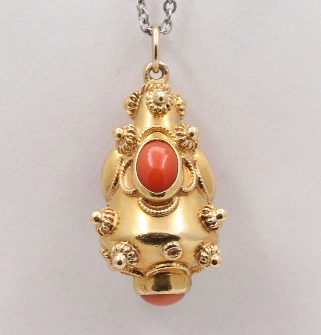 Victorian Etruscan Revival 18K Yellow Gold Coral Pendant Charm