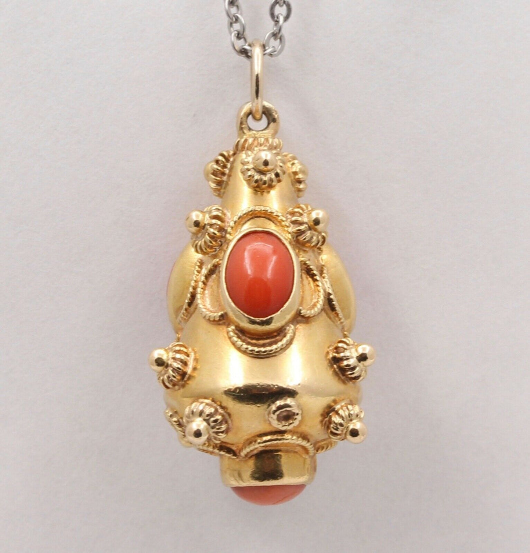 Victorian Etruscan Revival 18K Yellow Gold Coral Pendant Charm