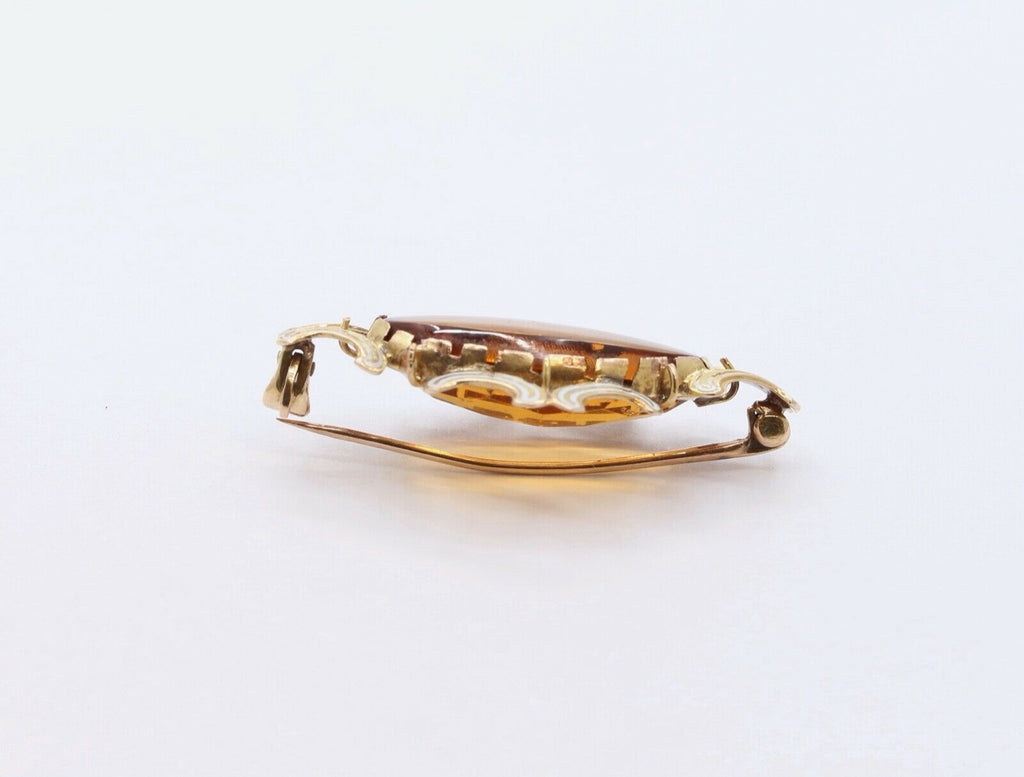 Vintage Citrine White Enamel 14K Yellow Gold Brooch Pin