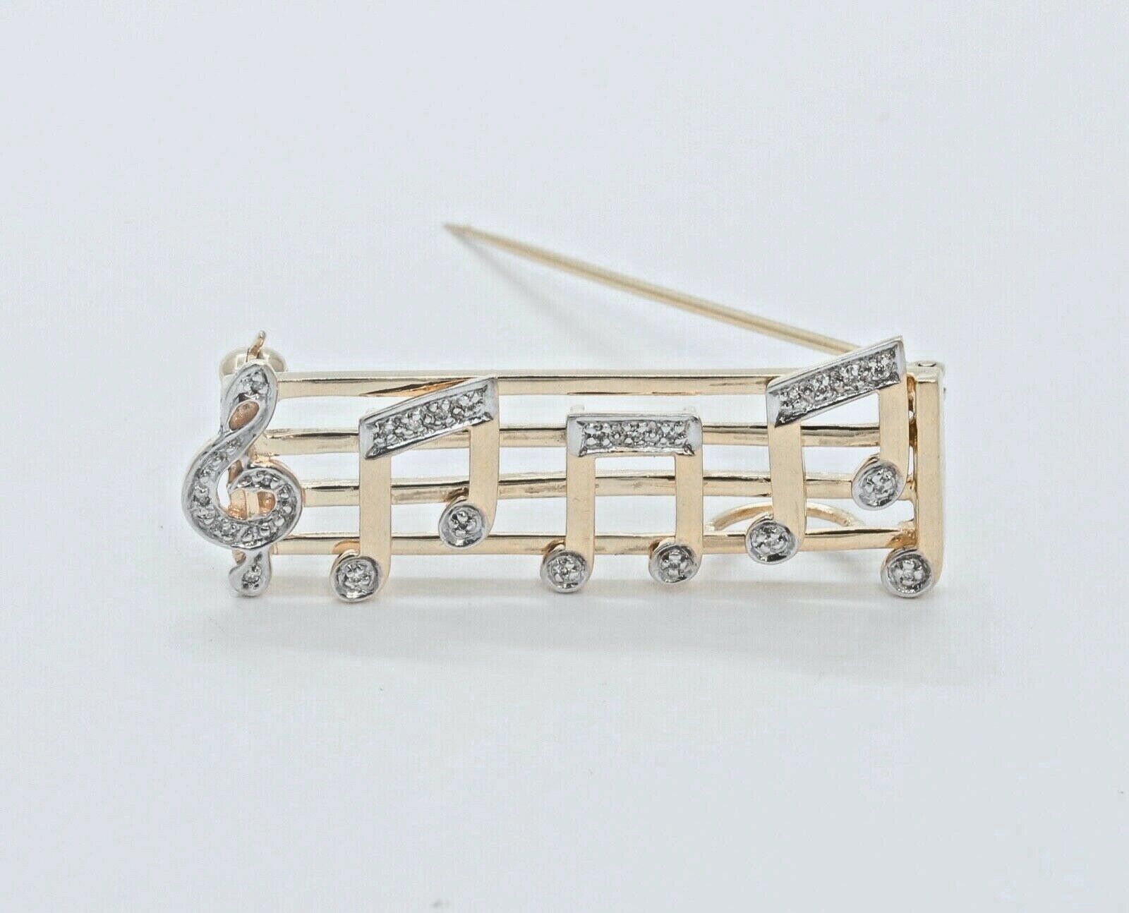 Music Lovers Brooch!! 14K Yellow Gold Diamonds Notes Movable Staff Pin Pendant
