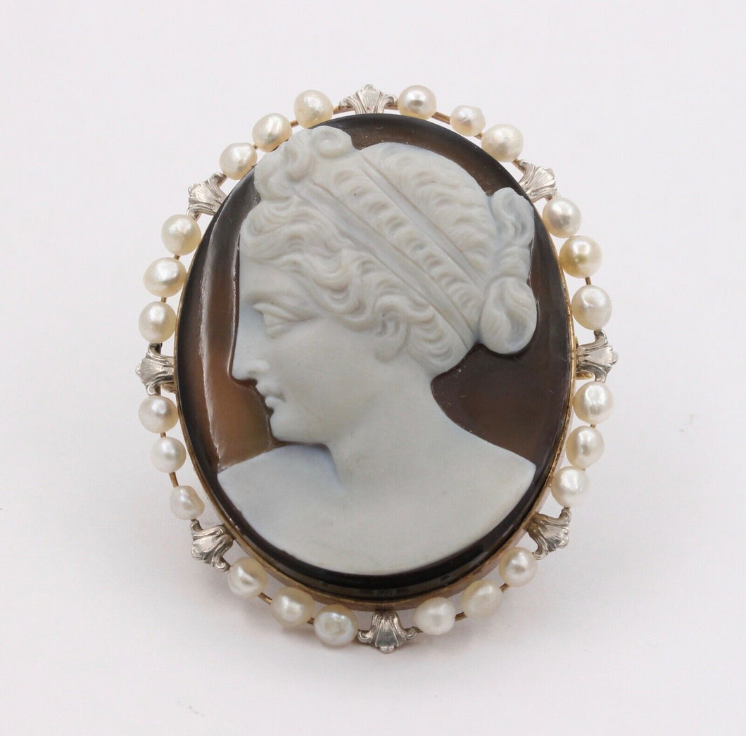 Victorian Agate Cameo Pearls 14K Rose Gold Brooch Pin