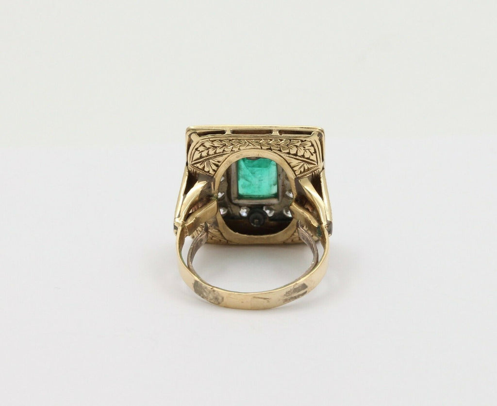 Vintage 14K Yellow Gold Emerald Diamond Enamel Ring