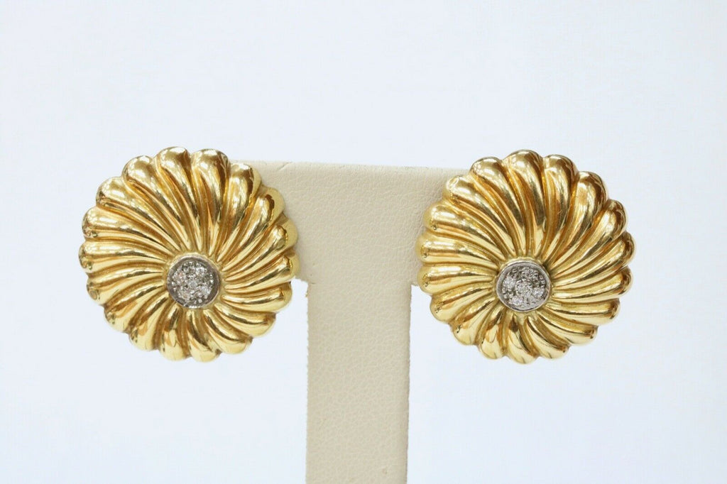 Vintage Diamonds 18K Yellow White Gold Chrysanthemum Flower Earrings