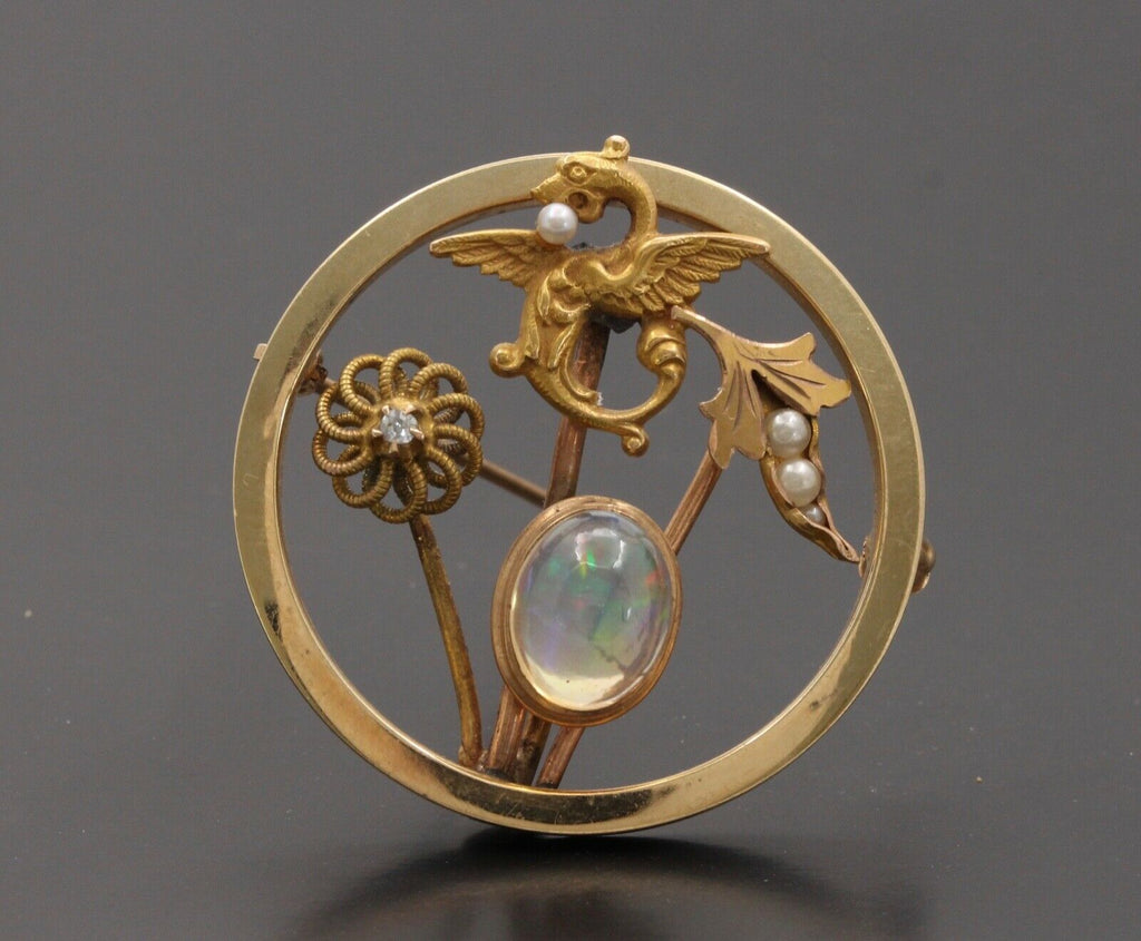 Art Nouveau 14K Yellow Gold Translucent Opal Diamond Seed Pearls Converted Brooch Pin