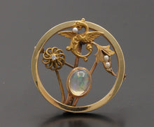 Load image into Gallery viewer, Art Nouveau 14K Yellow Gold Translucent Opal Diamond Seed Pearls Brooch Pin
