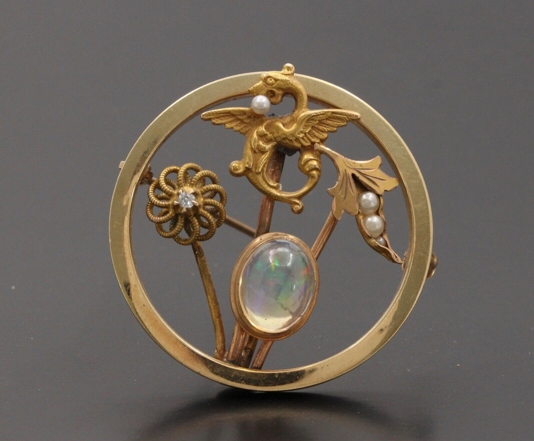 Art Nouveau 14K Yellow Gold Translucent Opal Diamond Seed Pearls Brooch Pin