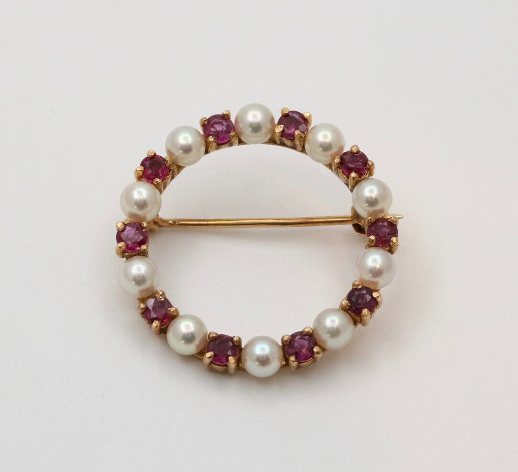 Vintage 14K Yellow Gold Ruby and Pearl Circle Brooch