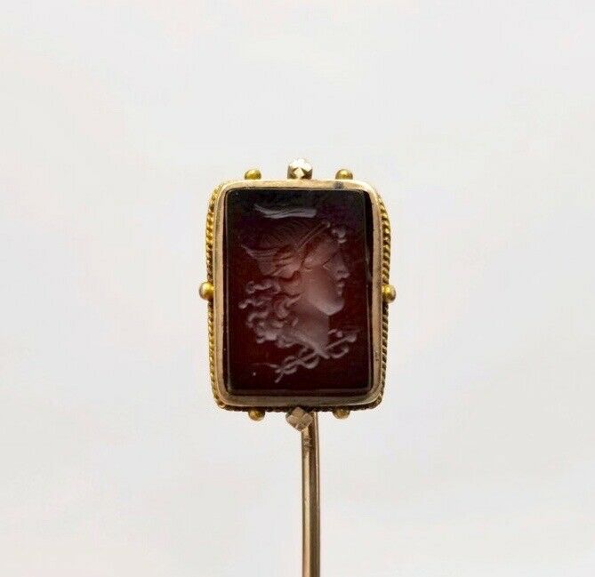 Vintage 10K Yellow Gold Sard Intaglio Stick Pin