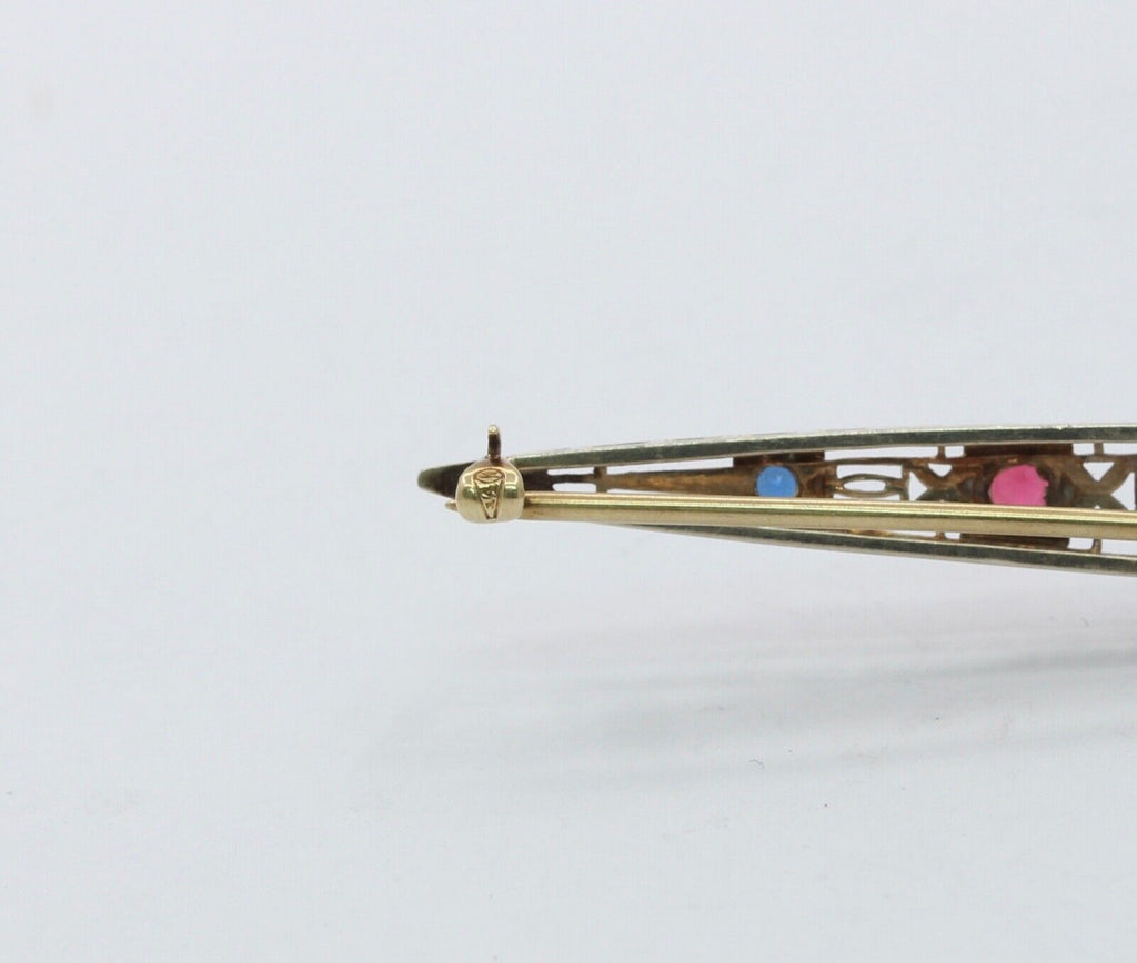Art Deco 14K Sapphires Rubies Bar Brooch Pin