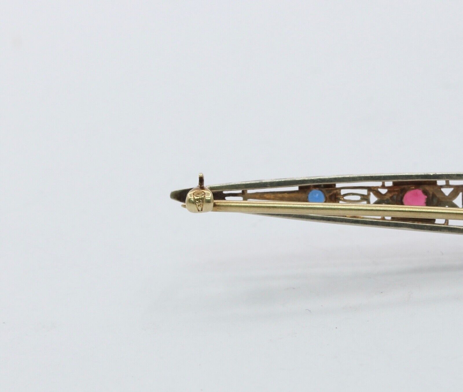 Art Deco 14K Sapphires Rubies Bar Brooch Pin