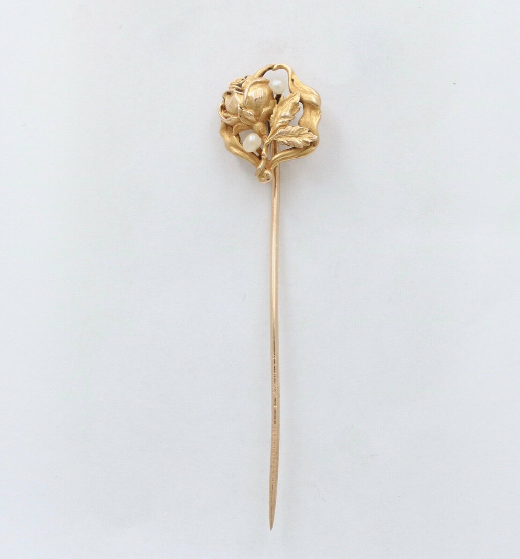 Antique Art Nouveau 10K Yellow Gold Seed Pearl Rose Stick Pin.