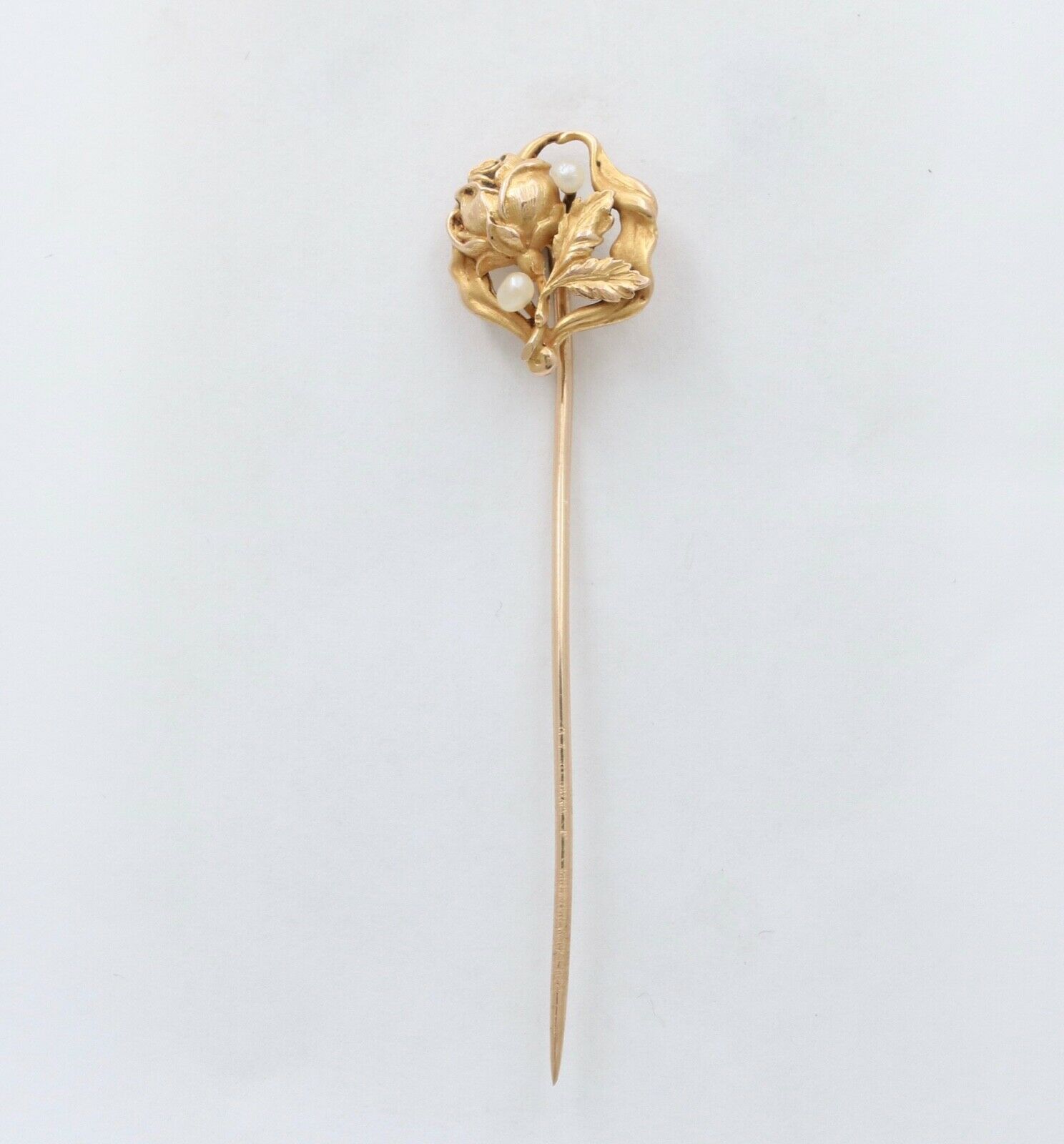 Antique Art Nouveau 10K Yellow Gold Seed Pearl Rose Stick Pin.