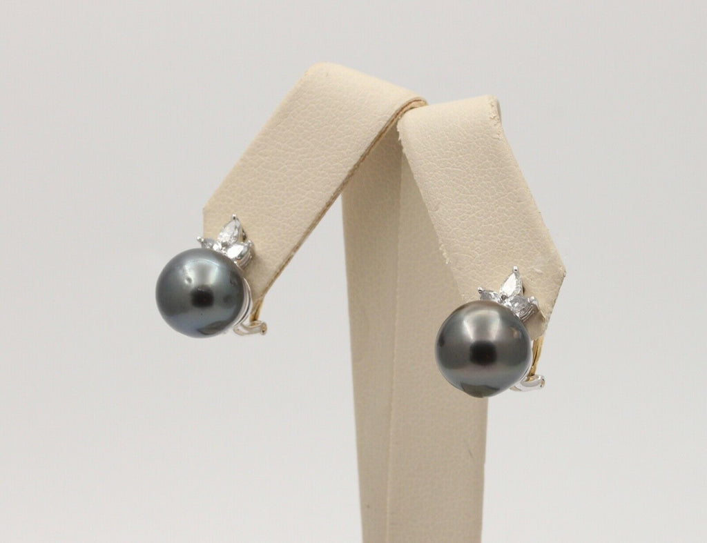 Lovely Tahitian Pearl Diamonds 18K White Yellow Gold Vintage Earrings