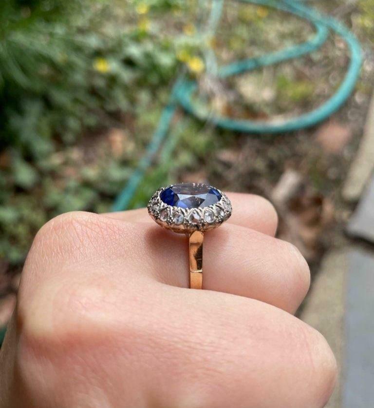 Victorian 18K Yellow Gold Rose Cut Diamond Sapphire Cocktail Ring