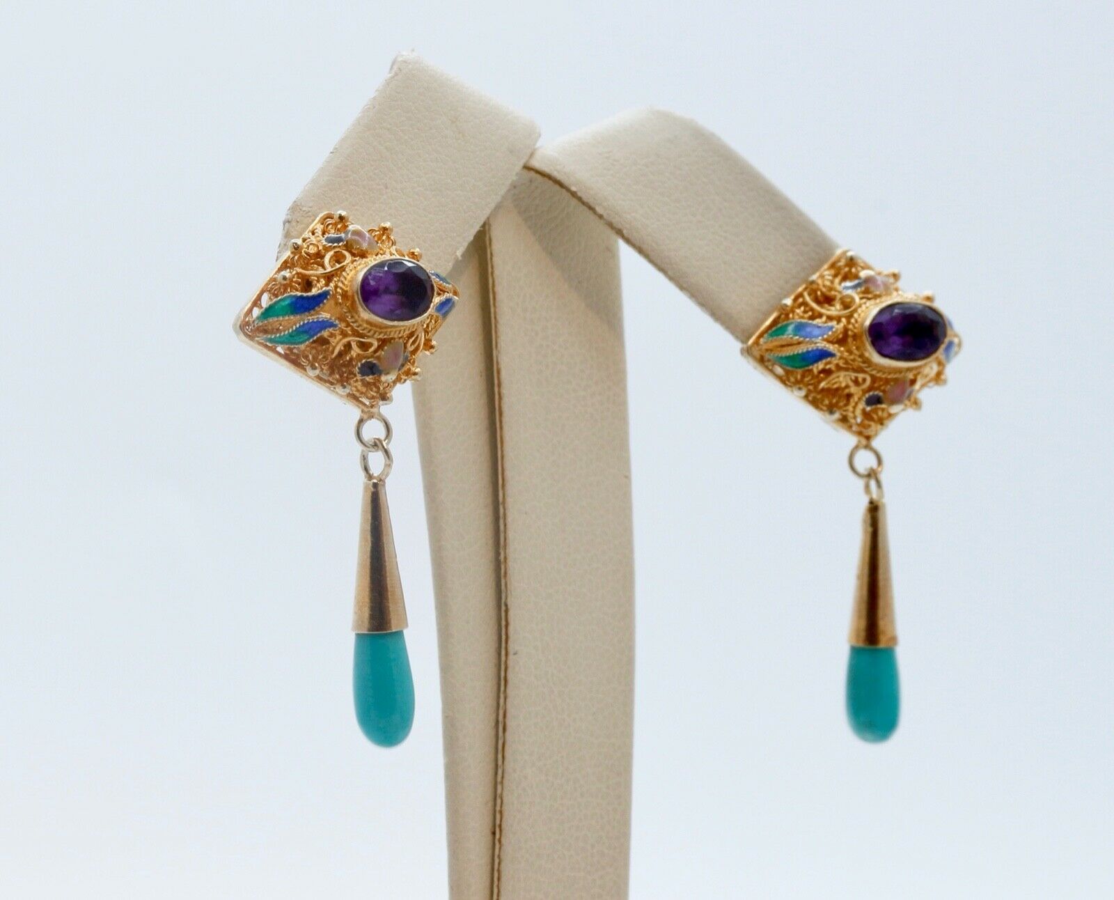 Vintage 1940's Gold Gilt Turquoise Amethyst Enamel Earrings