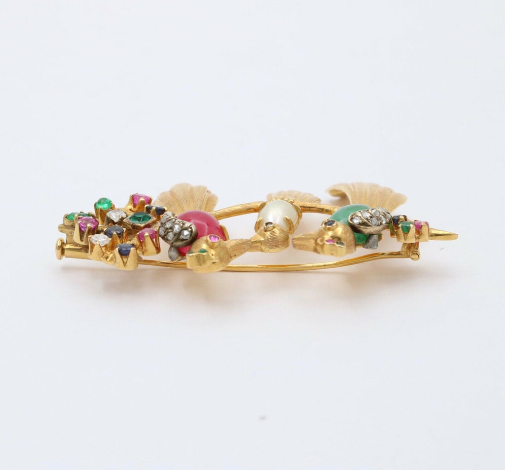 Birds of Paradise Emeralds Rubies Diamonds 18K YG Brooch