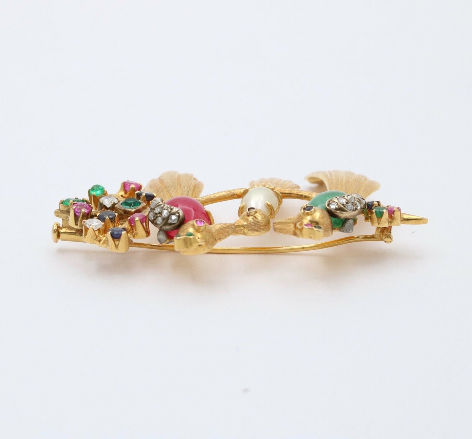 Birds of Paradise Emeralds Rubies Diamonds 18K YG Brooch