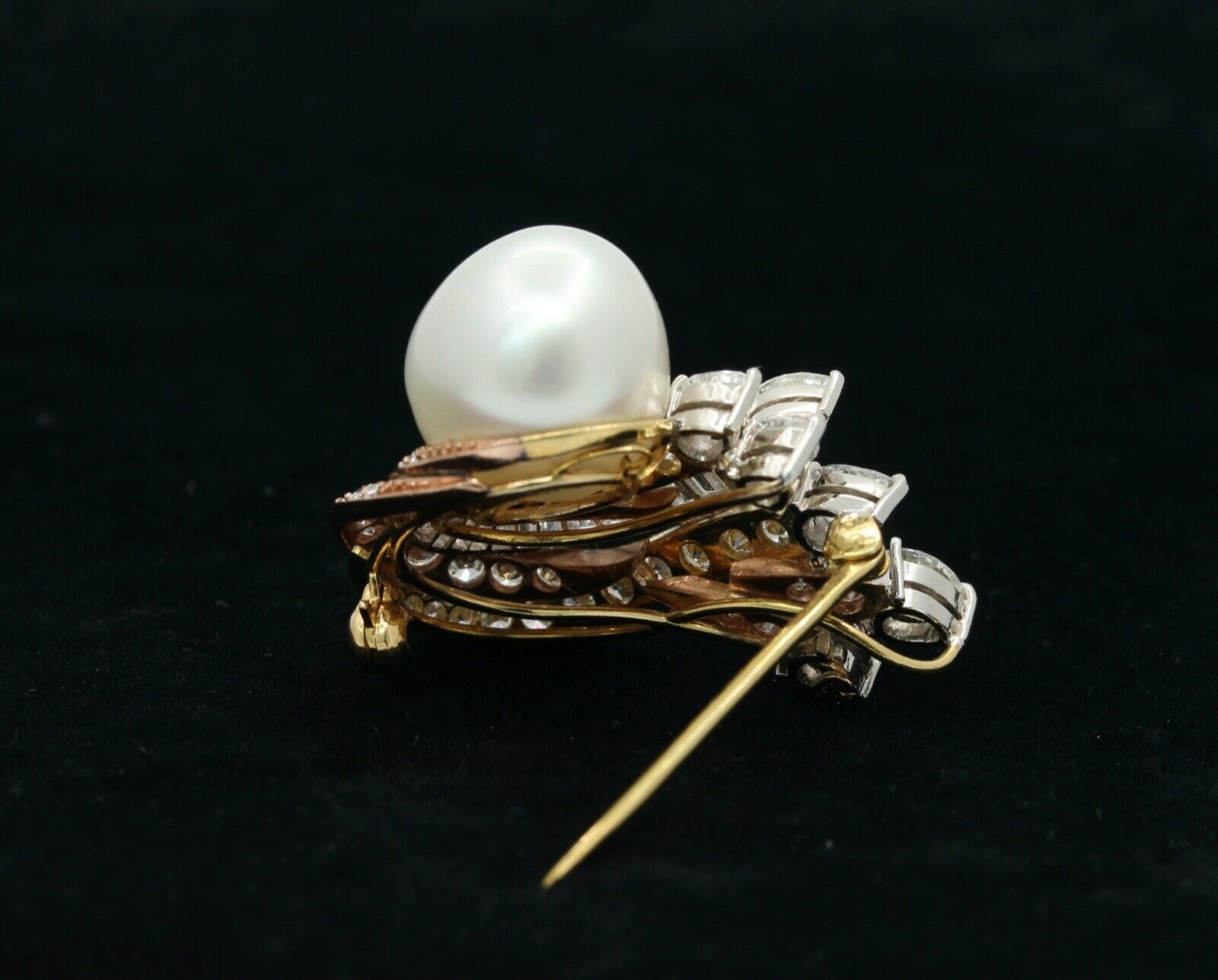 Vintage 14K Rose Yellow White Gold Diamonds 12.6MM Pearl Brooch Pin