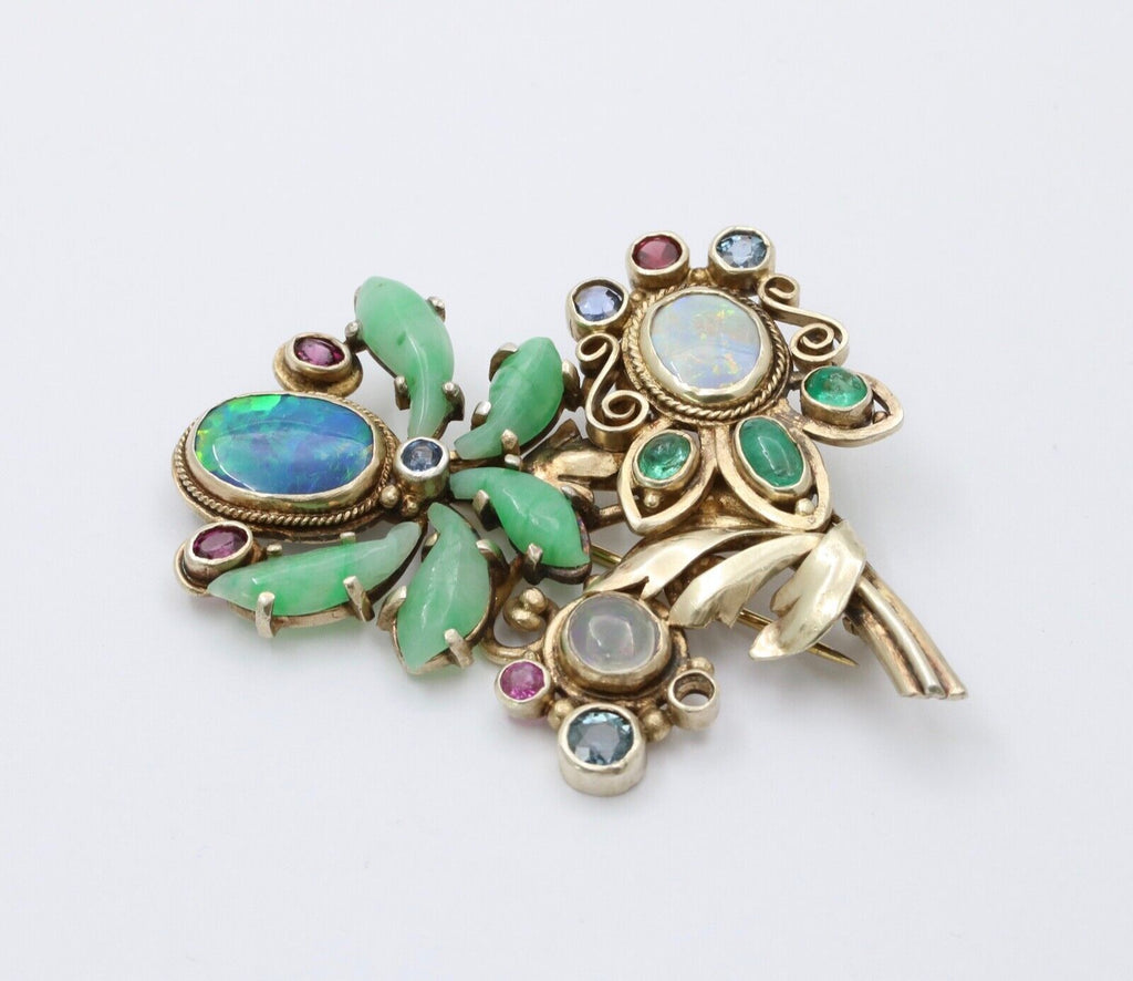 Antique Silver Art & Craft Opal & Jade Flower Brooch.