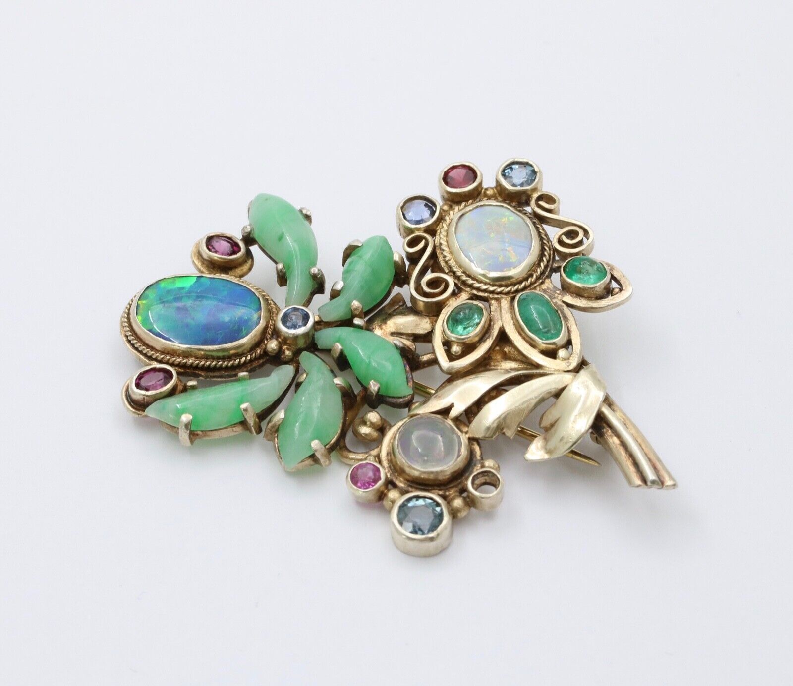 Antique Silver Art & Craft Opal & Jade Flower Brooch.