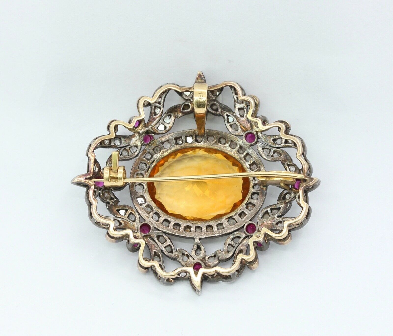 Victorian Revival 18K 14K 925 Citrine Diamonds Rubies Brooch Pendant