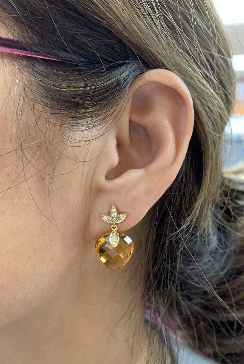 Vintage Ladies Heart Cut Citrine Diamonds 18K Yellow Gold Earrings