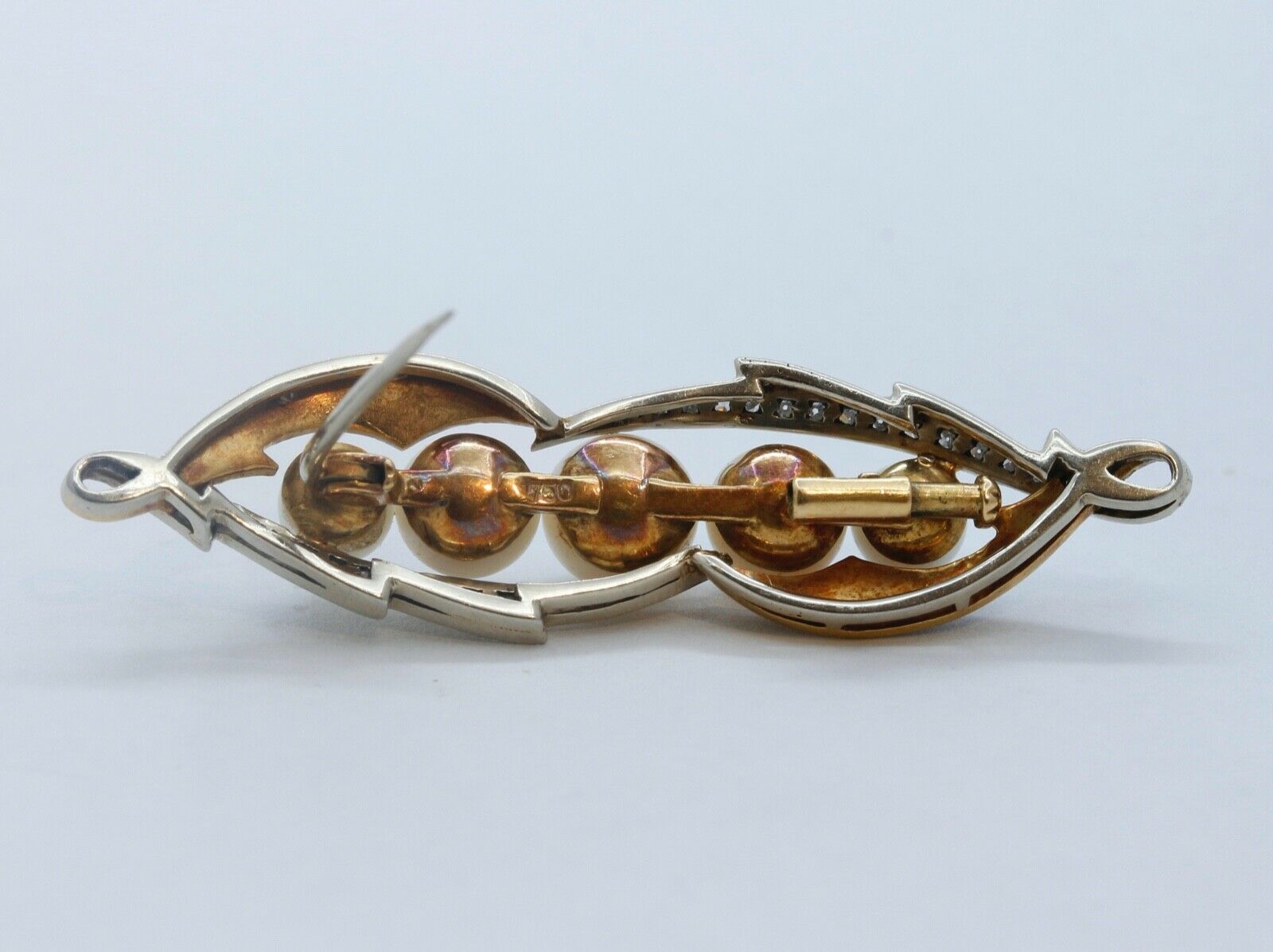 Unique Art Deco Diamonds Pearls Red Enamel 18K Yellow Gold Brooch Pin
