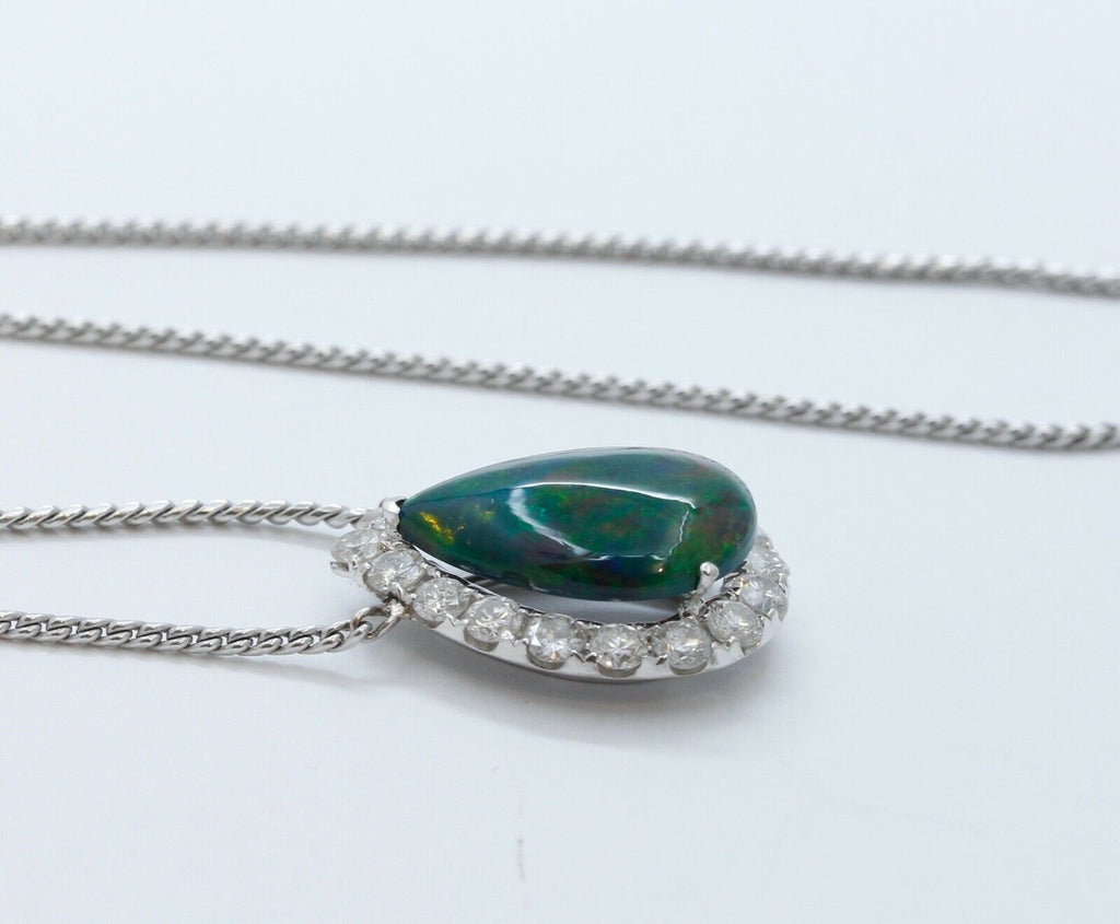 Vintage Opal Diamonds 18K 14K White Gold Pendant Chain