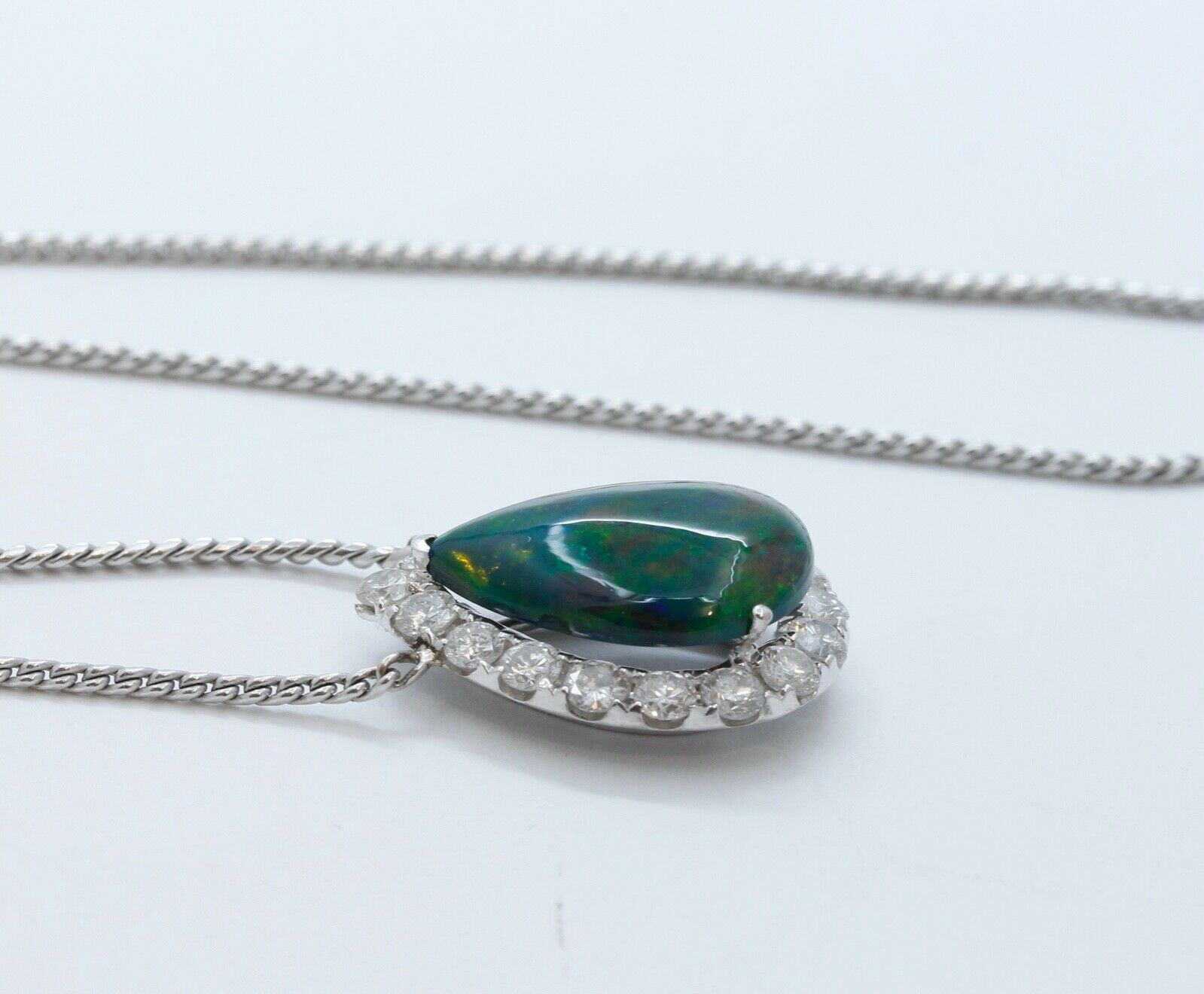 Vintage Opal Diamonds 18K 14K White Gold Pendant Chain