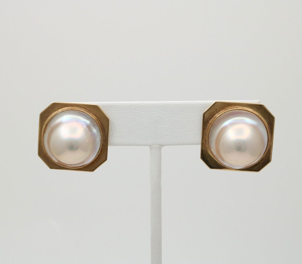 Vintage 14K Gold Large 25mm Mabe Pearl Clip On Earrings