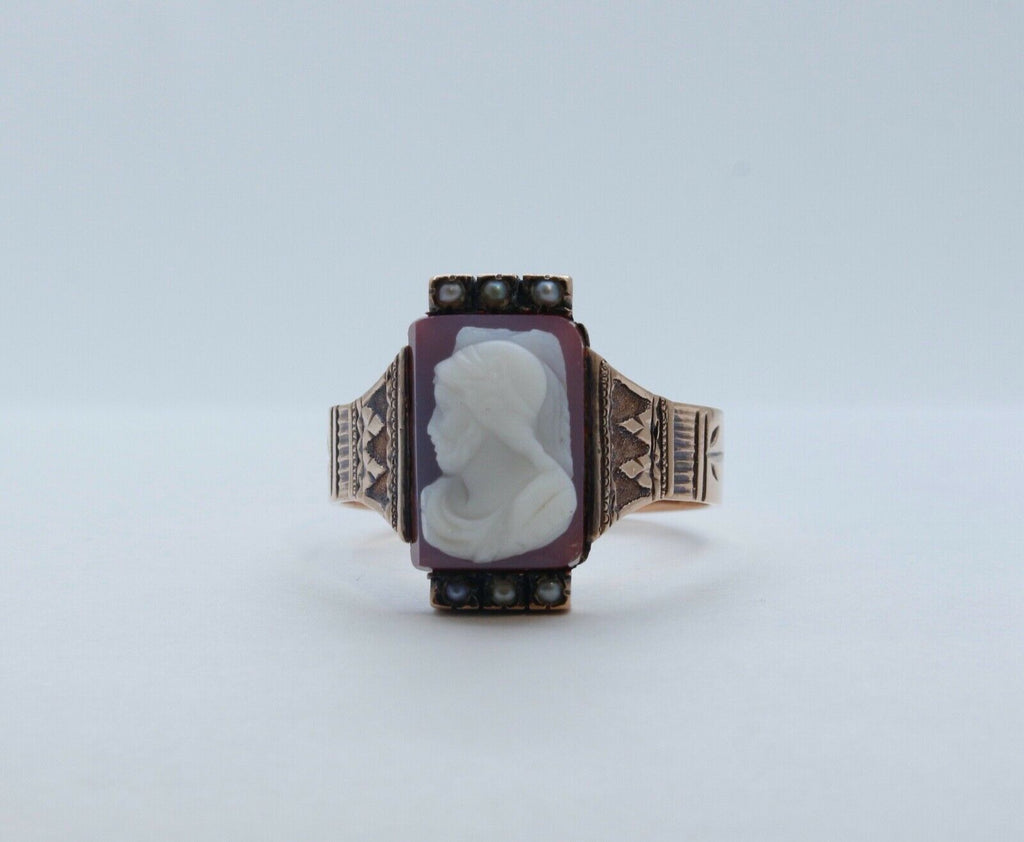 Victorian Ladies Carved Agate Cameo Seed Pearls 14K Rose Gold Ring