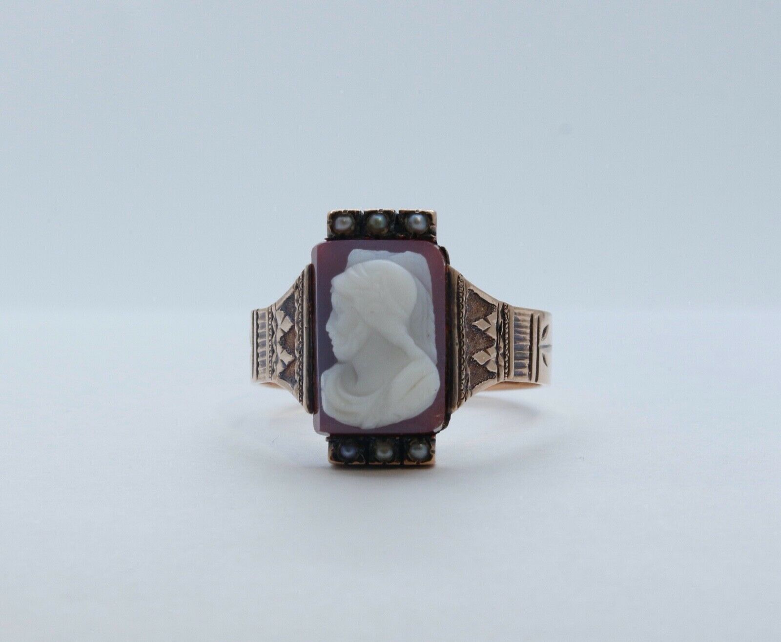 Victorian Ladies Carved Agate Cameo Seed Pearls 14K Rose Gold Ring