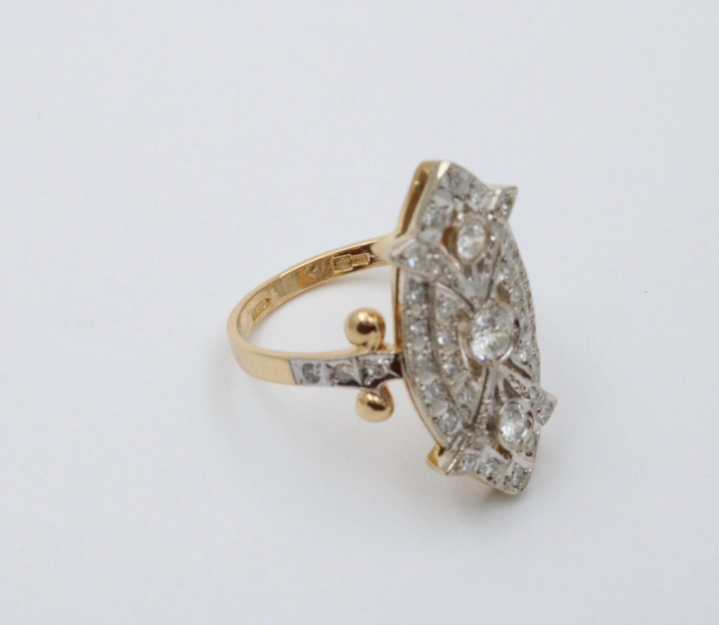 Vintage Russian Navette Diamonds 18K Yellow White Gold Ring