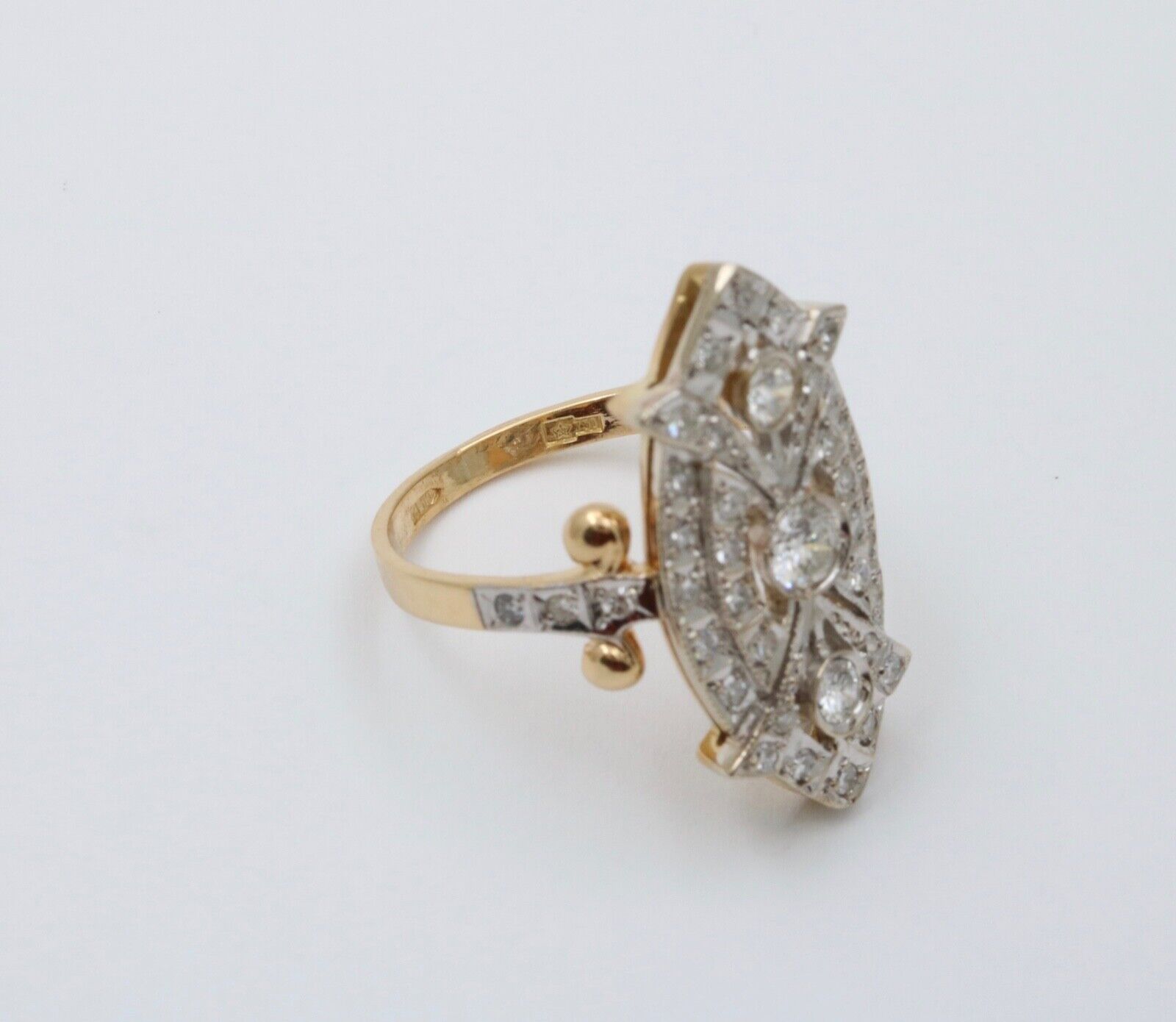 Vintage Russian Navette Diamonds 18K Yellow White Gold Ring