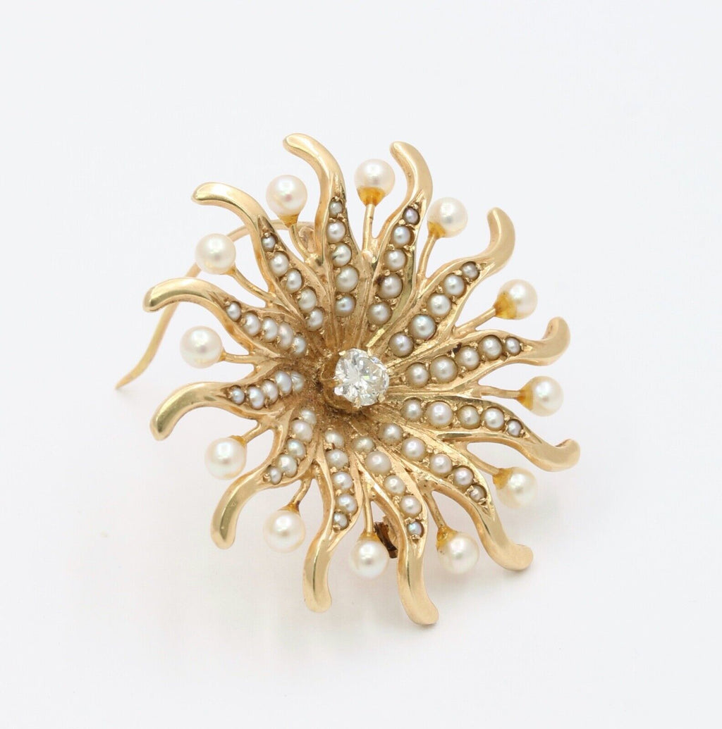 Antique Sunburst Diamonds Seed Pearls Brooch Pendant