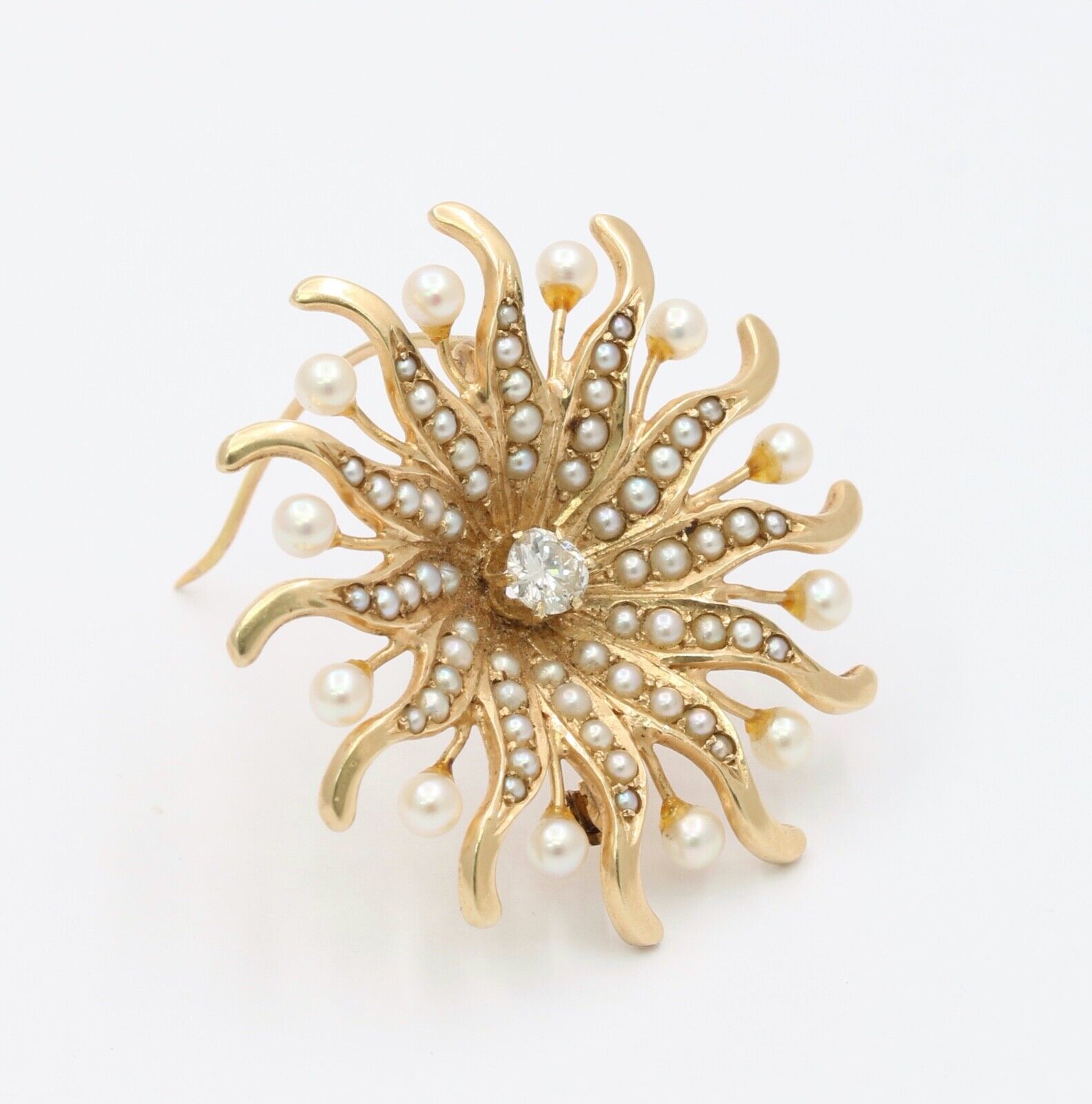 Antique Sunburst Diamonds Seed Pearls Brooch Pendant