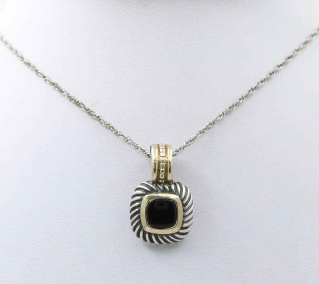 Vintage David Yurman 14K Gold & Sterling Silver Onyx Albion Enhancer Pendant Nec