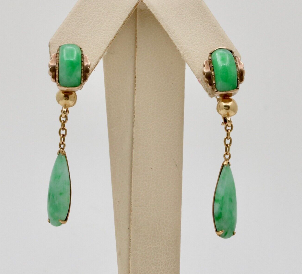 Vintage Bohemian Style 14K Yellow Gold Jadeite Jade Dangling Earring