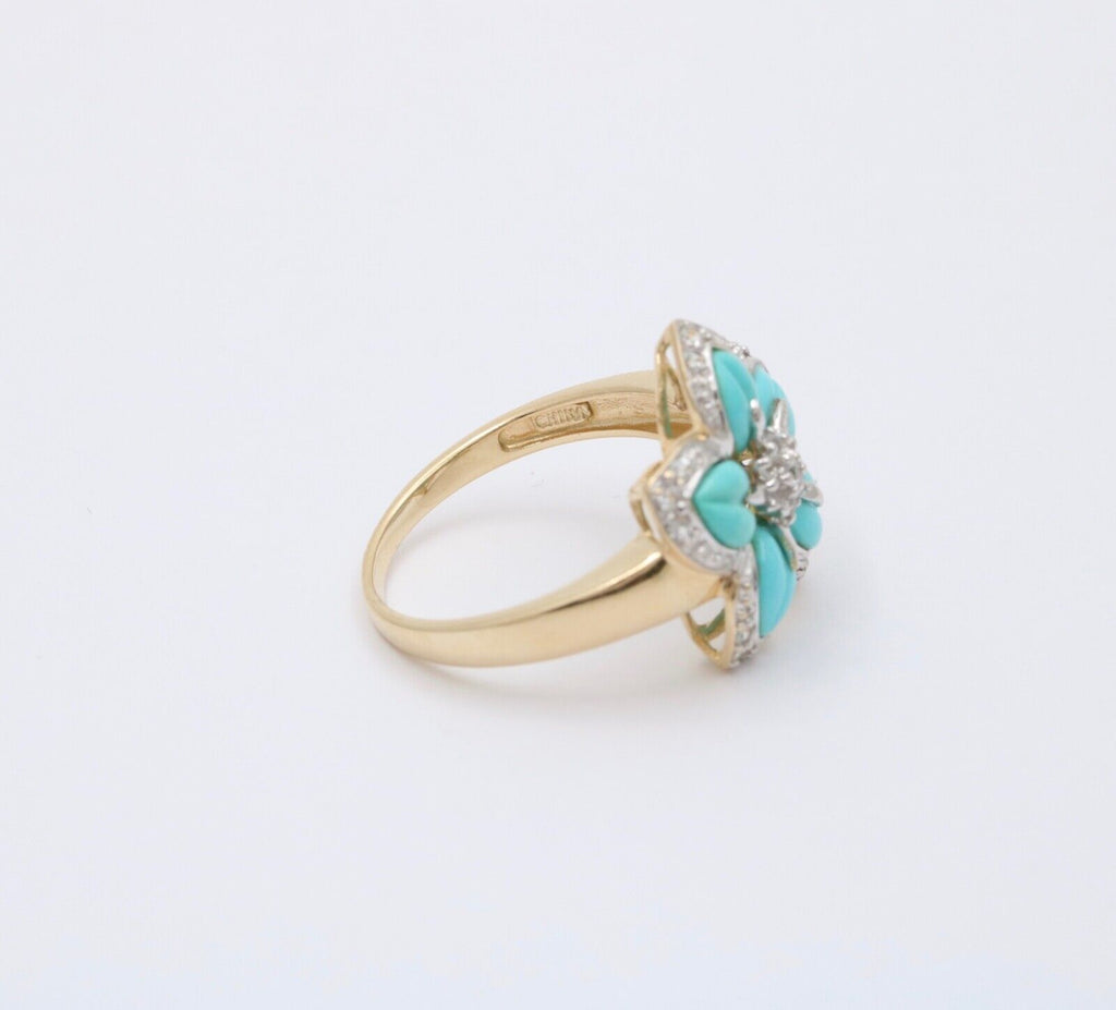 Vintage 18K Yellow Gold Turquoise & Diamond Flower RIng , Cocktail Ring