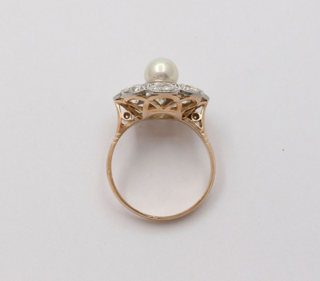 Edwardian Old European Diamonds Natural Pearl Platinum 18K YG Ring